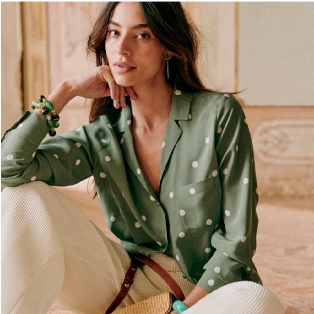 Sezane Florence Silk Blouse - Green and White/Ecru dot